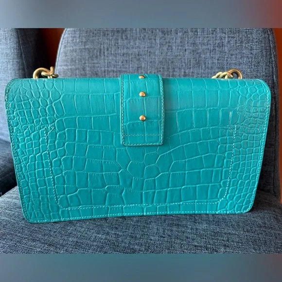 💙💚Pinko Blue and Gold Shoulder Bag with Croc Embossed Texture 💙💚 - Picture 4 of 9